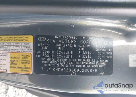 2009 Kia Sedona Lx z USA, uszkodzony, nr VIN KNDMB233096280879